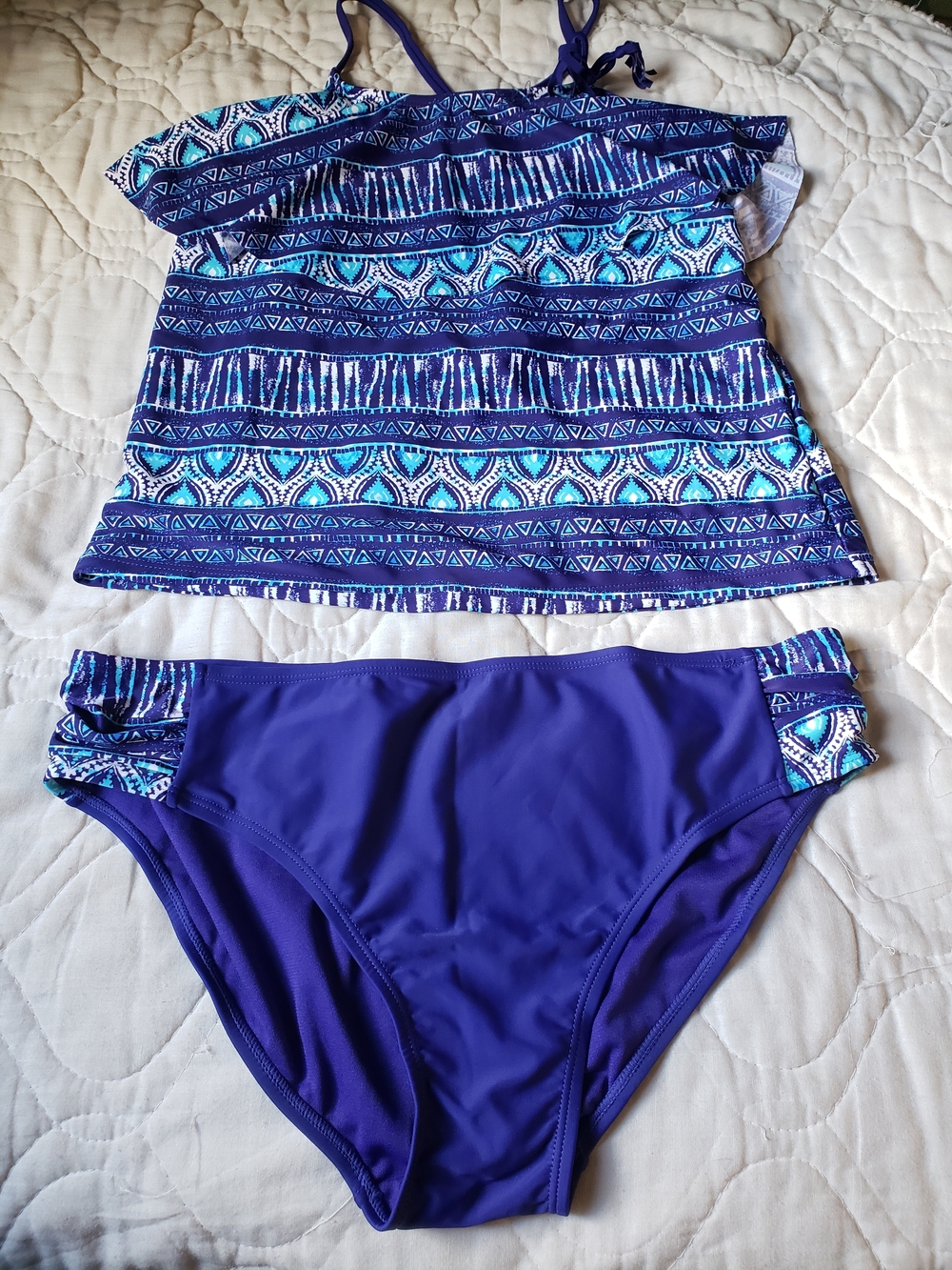 SO Women Swim Two-Piece Tankini Set in Blue and Teal Pattern